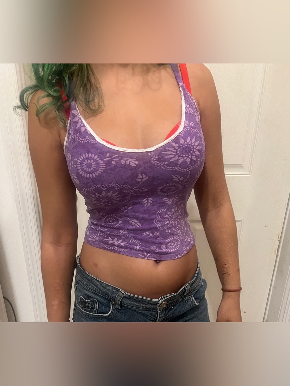 Purple Floral Lace-Trim Cropped Tank